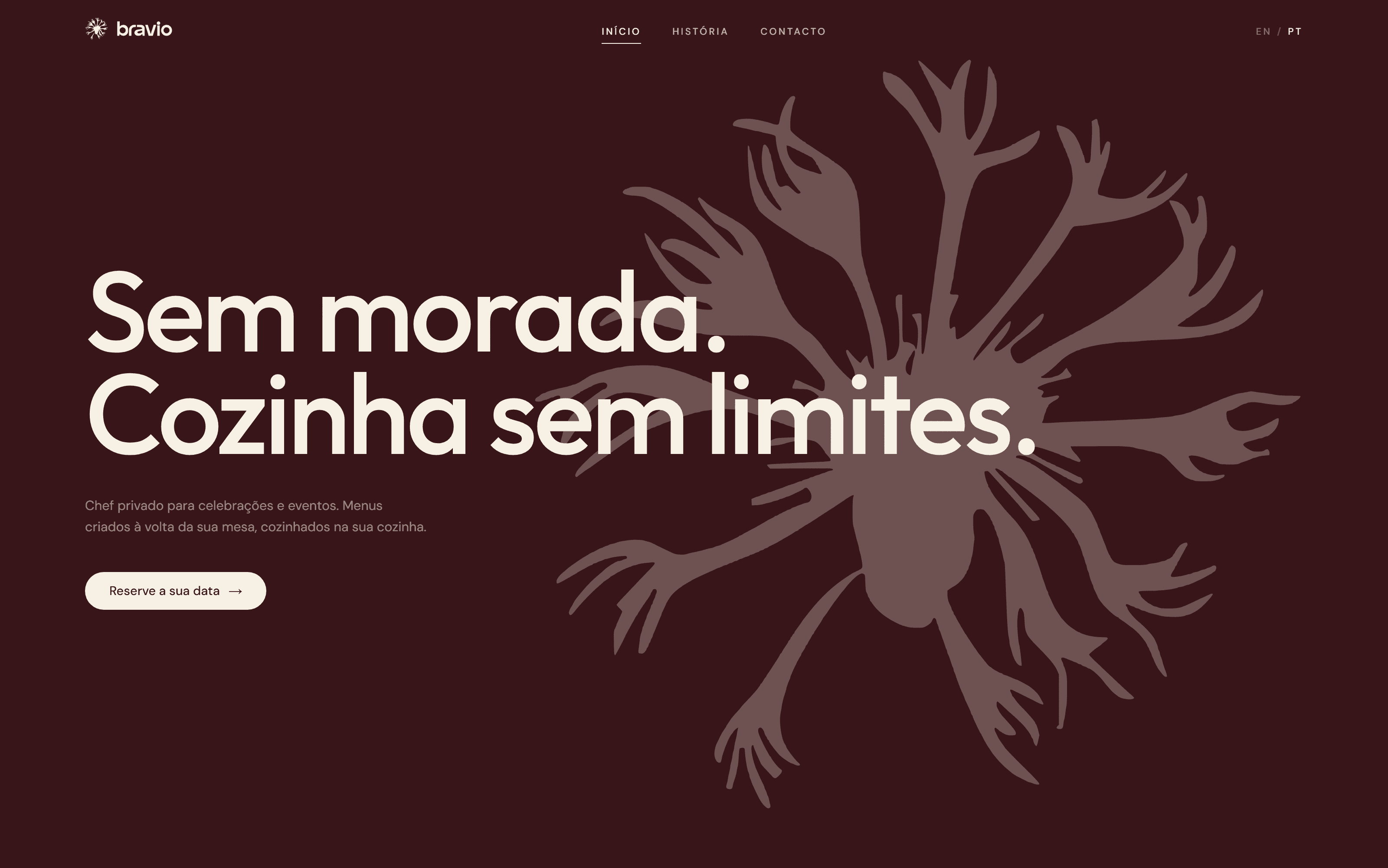 The bravio homepage: "Sem morada. Cozinha sem limites." in large cream type on deep fig, over a muted hand-cut mark that spreads out behind the headline, with a Reserve a sua data button below.